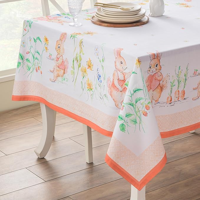 Maison d' Hermine Table Cloth Rectangle Table 100% Cotton 60 x 120 Inches Tablecloth Reusable Decorative for Dining Room Farmhouse Home Valentines Day Decorations Spring Summer - Bunny Party