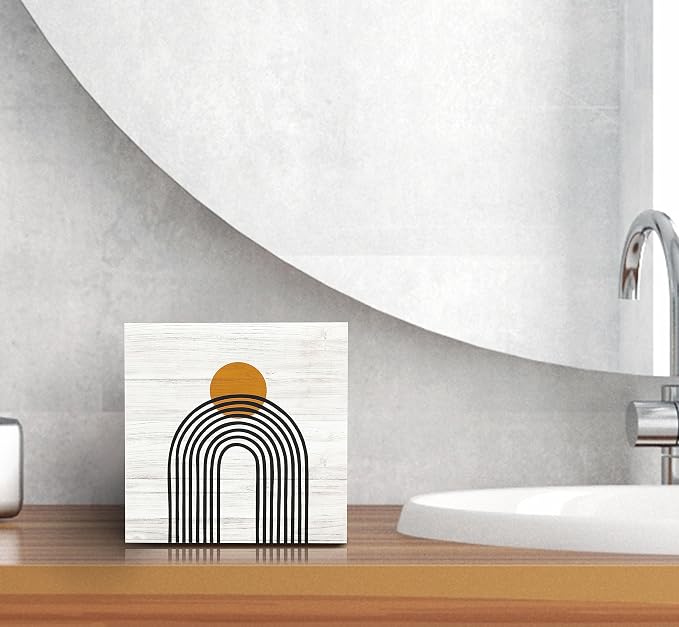 SRADMO Boho Sun Rainbow Abstract Geometric Balance Arch Shapes Wood Box Sign Desk Decor, Boho Mid Century Modern Art Wooden Block Box Sign Decoration For Home Office Shelf Table Decor