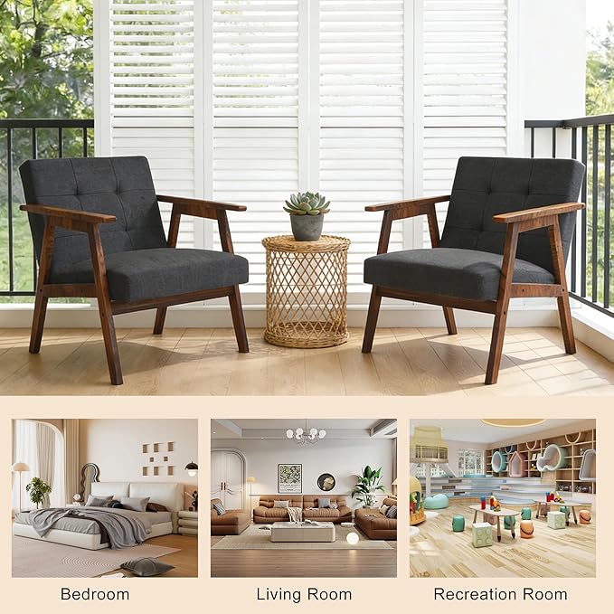 Mid Century Modern Armchair, Upholstered Fabric Lounge Chair with Walnut Finish Frame for Living Room, Comfortable Sofa Chair in Dark Gray