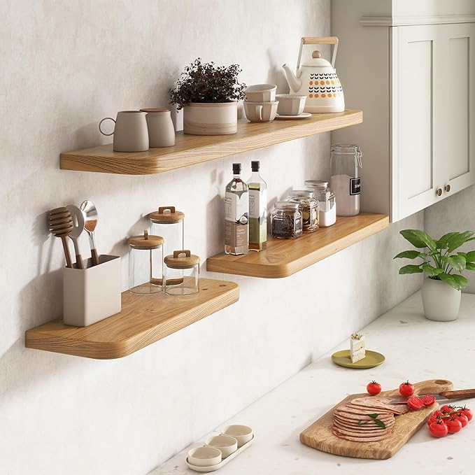 Reclaimed Elm Wood Floating Shelves for Wall Round Edge, 48"W x 9.2"D x 1.37"H, Set of 1 with Invisible Bracket, Wall Mounted Shelves for Living Room Bedroom Kitchen Bathroom Decor, Natural Finish