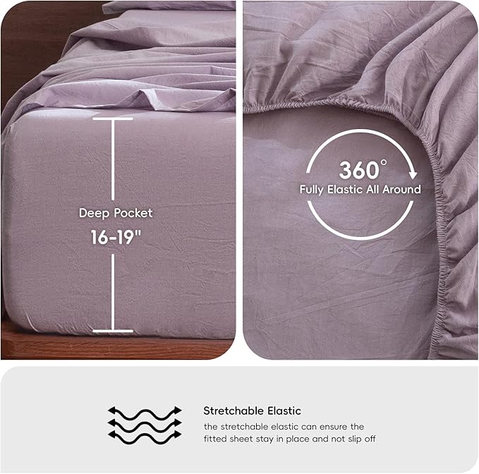 MooMee Bedding Sheet Set 100% Washed Cotton Linen Like Textured Breathable Durable Soft Comfy (Heathered Light Purple, Full)