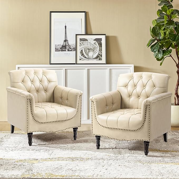 Pia Ricco Modern Tufted Accent Chair, Single Faux Leather Armchair with Nailhead Trim & Wood Legs, Comfortable Upholstered Seat for Living Room, Office - Beige
