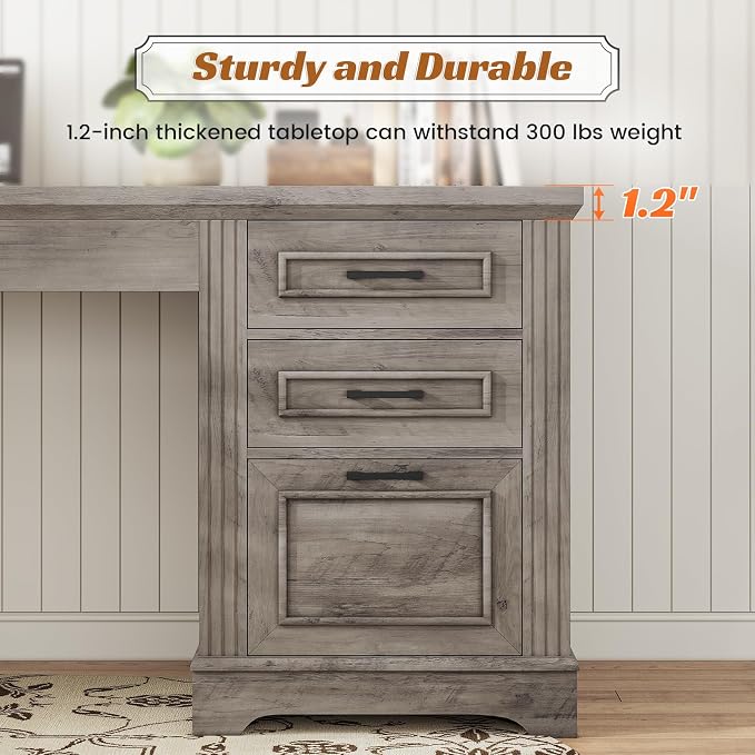 SEDETA Executive Office Desk with 3 Drawers, Farmhouse 55" Computer Desk with Storage File Drawers & Power Outlet for Home Office, Grey