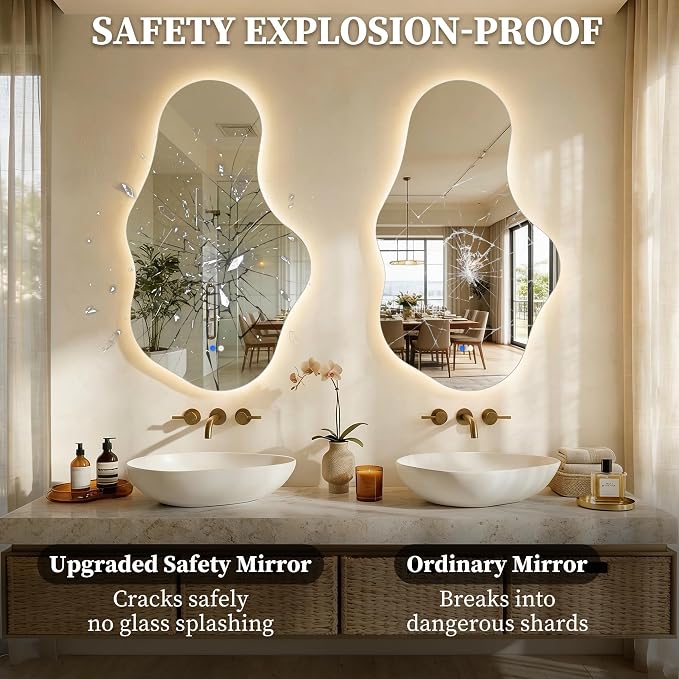 Irregular LED Bathroom Mirror with Lights, Backlit Vanity Mirror for Wall, Asymmetrical Wall Mirror, 3 Color Dimmable Anti-Fog Smart, Decorative Mirror for Bathroom, Entryway(22″ x 36″, 2 Pack)