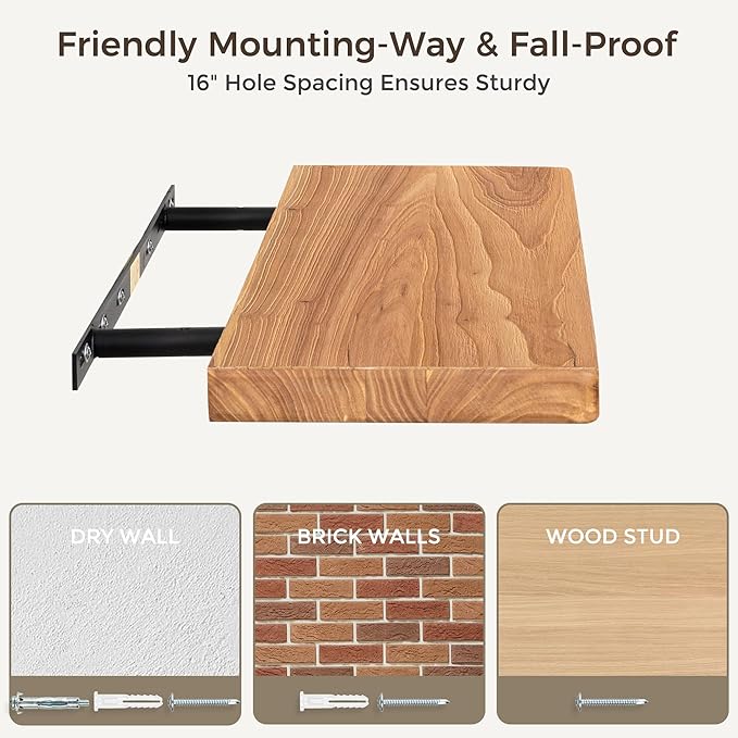 Floating Shelves 40"W x 8"D, Solid Elm Wood Shelves for Wall, 8 Inch Deep Floating Shelves for Home Storage & Display, Rustic Wooden Bathroom Shelves 40 Inch Long, Set of 2, Heavy-Duty Bookshelf