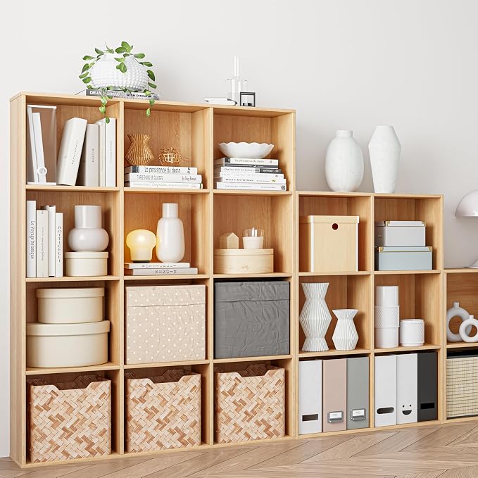 VDNEND Wooden Cube Storage Organizer with Closed Back Panel, 11in Cube Shelf Opening, Bookshelf, Display Shelf,Closet Cabinet for Home and Office (Natural Oak, 12-Cube 35.98L*9.45W*47.72H)