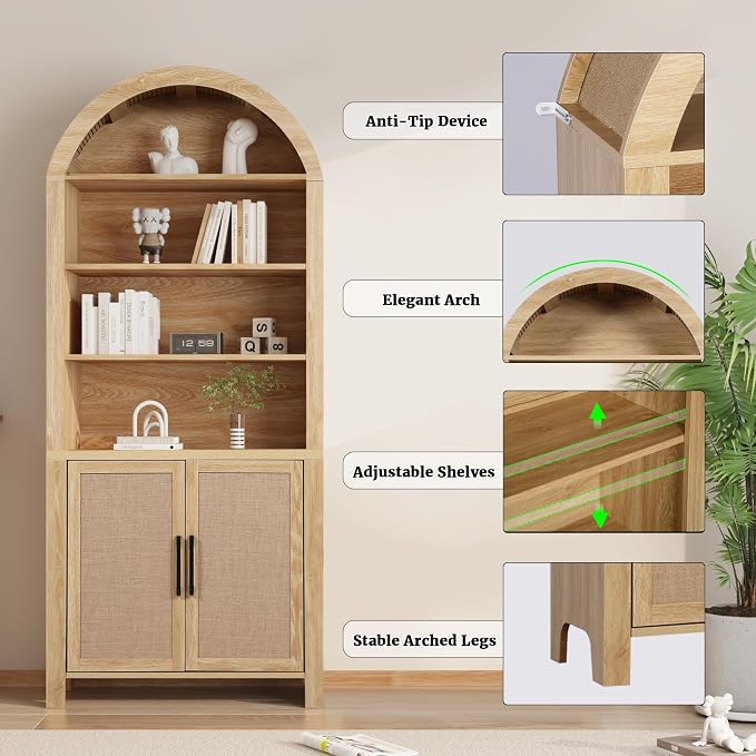 Janmer Home 71" Tall Arched Bookcase with Storage, Modern 6-Tier Cabinet with Door, Arched Bookshelf Cabinet with Open Display Storage Shelf for Living Room (Natural, 71inch 2pcs-Doors)