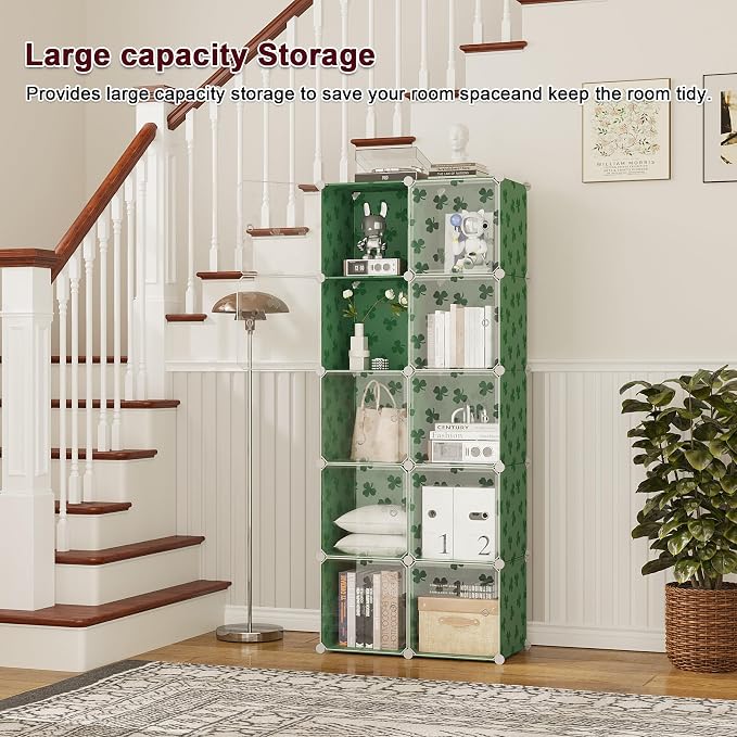 C&AHOME Cube Storage Organizer with Doors, 10-Cube Shelves, DIY Plastic Modular Bookshelf, Closet Clothes Storage Shelving Ideal for Bedroom, Living Room, Clover Embossed, Green