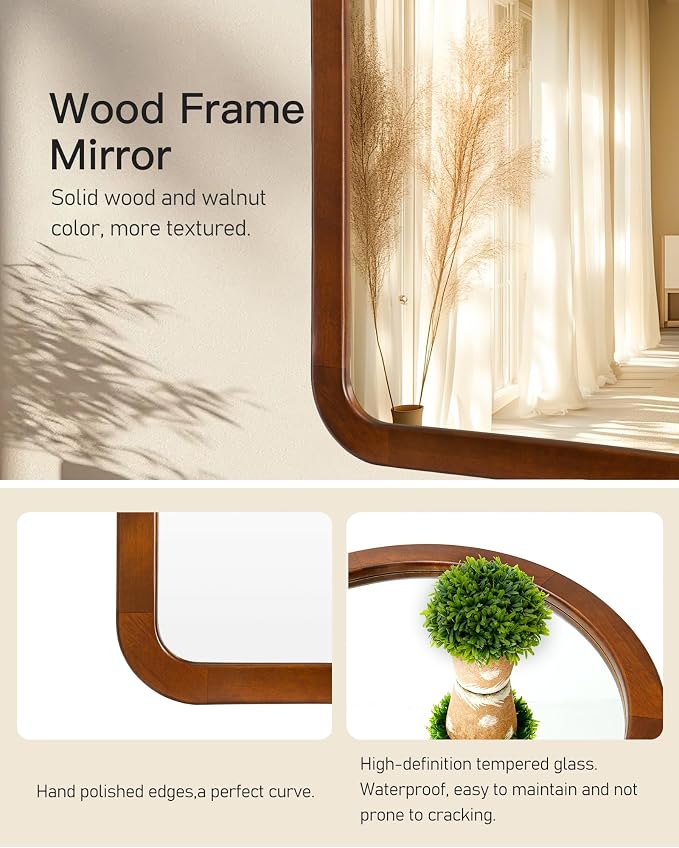 Arched Mirror 22 x 30 Inch,Walnut Brown Wood Rustic Bathroom Tempered Wall Mirror with Wood Frame,Round Corner Arch Farmhouse Wooden Vanity Mirror for Living Room,Entryway or Bedroom