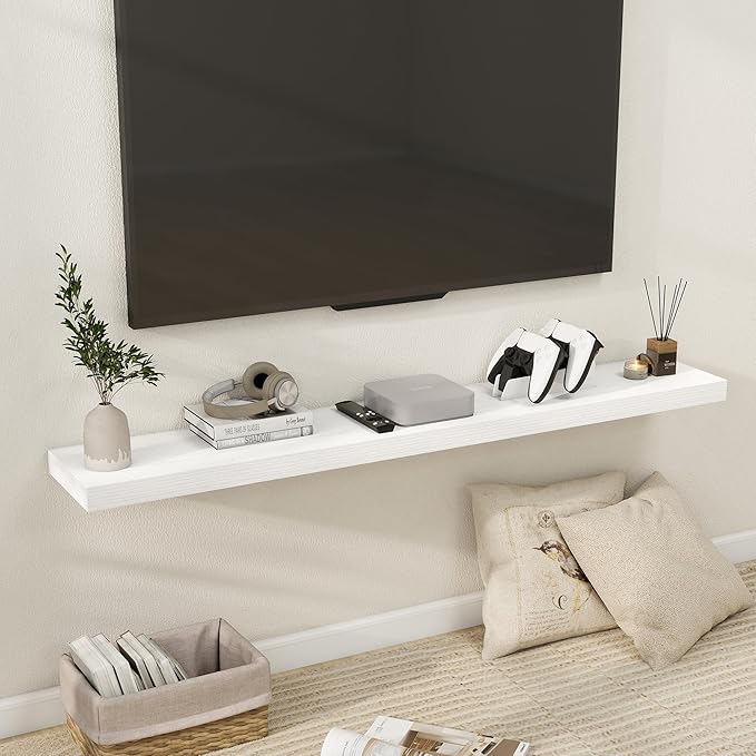 Fun Memories 55 Inch Floating Shelves for Wall, Fireplace Mantel Shelf with Invisible Heavy Duty Bracket, 8 Inch Deep Storage Shelf for Living Room, Kitchen, Farmhouse, White (2-Pack)