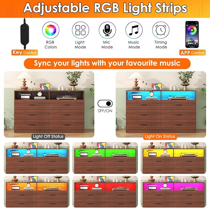 Bigbiglife Dresser for Bedroom, 6 Drawer Dresser with Charging Station and Led Light, Modern Chest of Drawers for Bedroom, Living Room (Walnut Brown)
