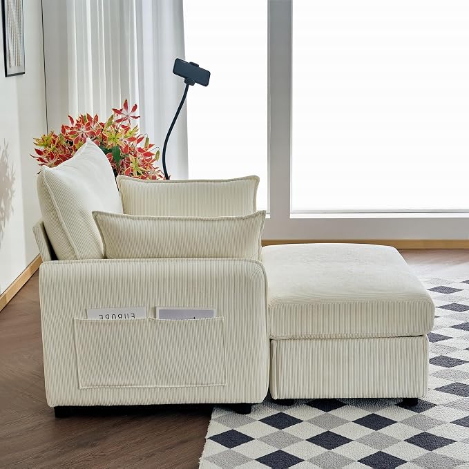 55" Modern Accent Chair with USB Ports, Storage Ottoman & Adjustable Holder, Corduroy Chaise Lounge for Reading in Apartment Living Room (Beige)