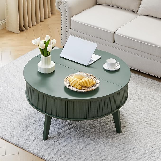 Round Lift Top Coffee Table with Storage, 35.4'' Fluted Wood Center Table Mid Century Modern Coffee Table with Lifting Top for Living Room, Office, Small Space (Green)