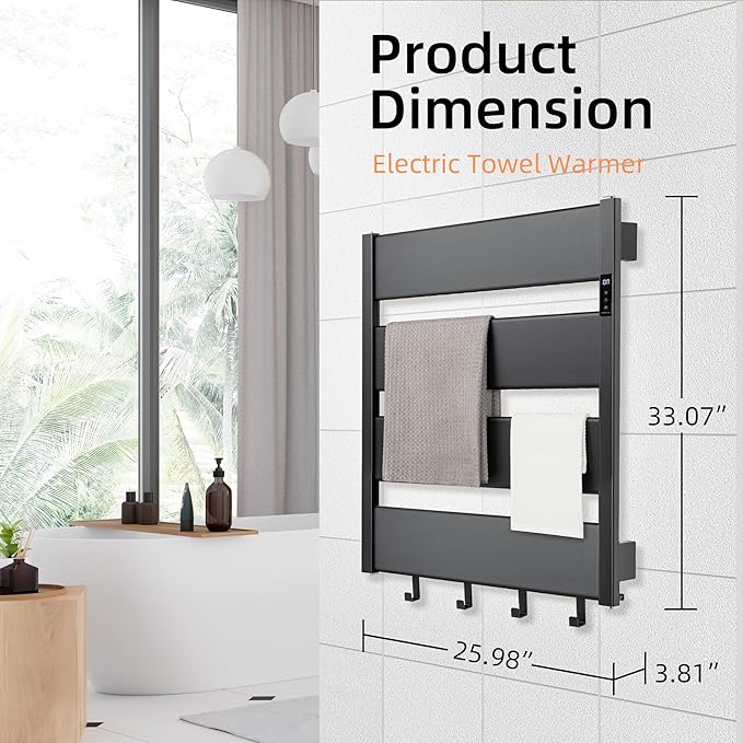 K&KALONZO Smart Electric Towel Warmer with 3-Level Timer & Temp Control, 2H Rapid Dry Aerospace Aluminum Heated Towel Rack, Hardwired/Plug-in Wall Mounted Towel Heater with 4 Hooks, Black, H4-B
