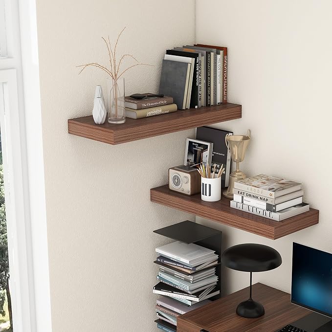 30 Inch Floating Shelves | 12 Inch Deep Walnut Floating Shelves Set of 2 | 30" W x 12" D Rustic Wood Shelves for Wall | Deep Walnut Shelves for Living Room Bathroom Laundry Room Kitchen