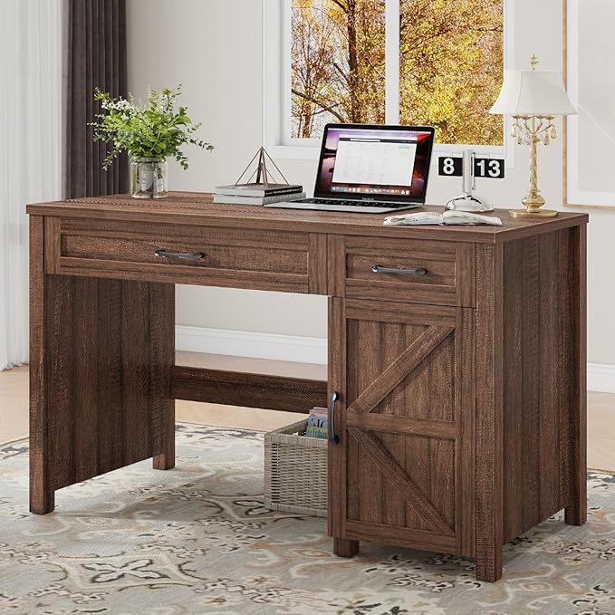 Vabches Farmhouse 47" Executive Desk, Computer Desk with Drawers and Storage Cabinet, Workstation Computer Desk for Home Office, Study.Red-Brown