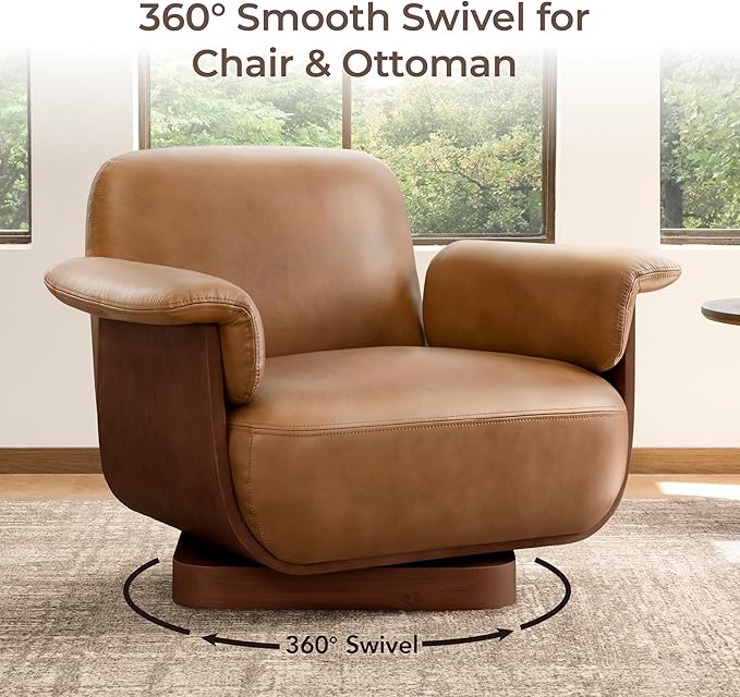 CHITA Genuine Leather Reclining Swivel Chair with Storage Ottoman, Modern Living Room Accent Chair with Lounge Seat for Bedroom, Office, Saddle