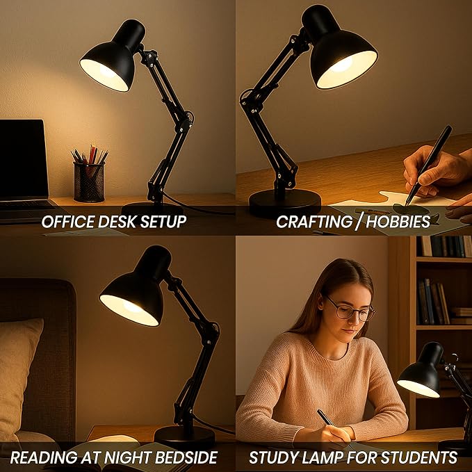 Metal Desk Lamp with Clamp, Swing Arm, Architect Adjustable Desk Lamps for Home Office, Clip Desk Lights for Home Office, Study, Work, Reading, E26 Base, Multi-Joint– Includes Bulb