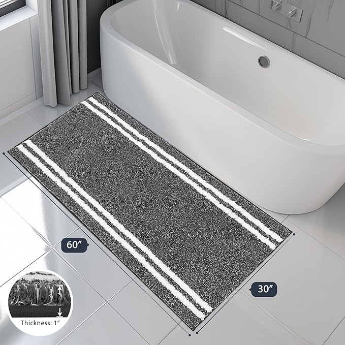 PURRUGS Bathroom Rug Non-Slip Machine Washable 30" x 60", Super Absorbent and Quick Dry Shaggy Microfiber Bath Mat, Extra Soft and Plush Bath Rug for Bathtub, Shower, and Sink, Charcoal