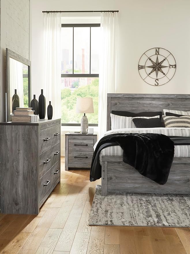 Signature Design by Ashley Bronyan Contemporary Smooth-Gliding 6-Drawer Dresser and Mirror with Safety Stop, Gray