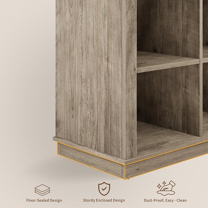 GarveeHome 8 Cube Storage Organizer Bookshelf, Farmhouse Horizontal Bookcase, 62 in Wood Storage Bookcase for Entryway, Long Low Bookshelves for Living Room (Grey, 8 Cube)