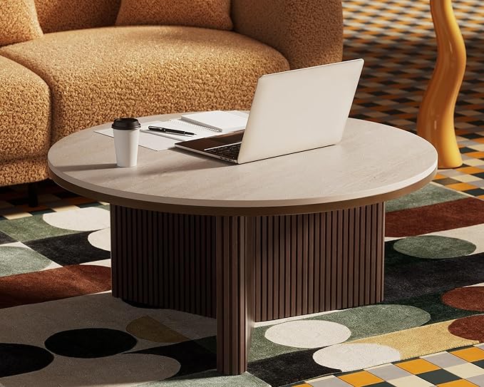 Morden Fort Round Coffee Table for Living Room, Faux Marble Coffee Table Sintered Stone Top & Solid Fluted Wood Base Modern Coffee Circle Table for Apartment Living Room Porch - 33'' Beige Top