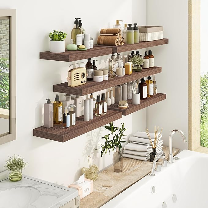 Fun Memories 24 Inch Floating Shelves for Wall, 9.3Inch Deep Floating Shelf, Extra Deeper & Thicker Wall Mounted Storage Shelf for Kitchen, Farmhouse, Walnut, 2 Pack
