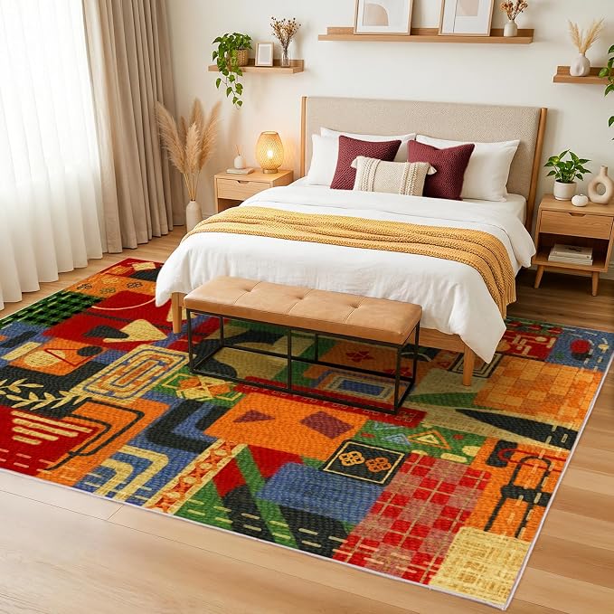 Washable 4x6 Vintage Patchwork Area Rug, Boho Tribal Geometric Colorful Rugs for Living Room, Non-Slip Low Pile Indoor Carpet, Vintage Rustic Rug for Dining Room Bedroom Office Entryway Decor
