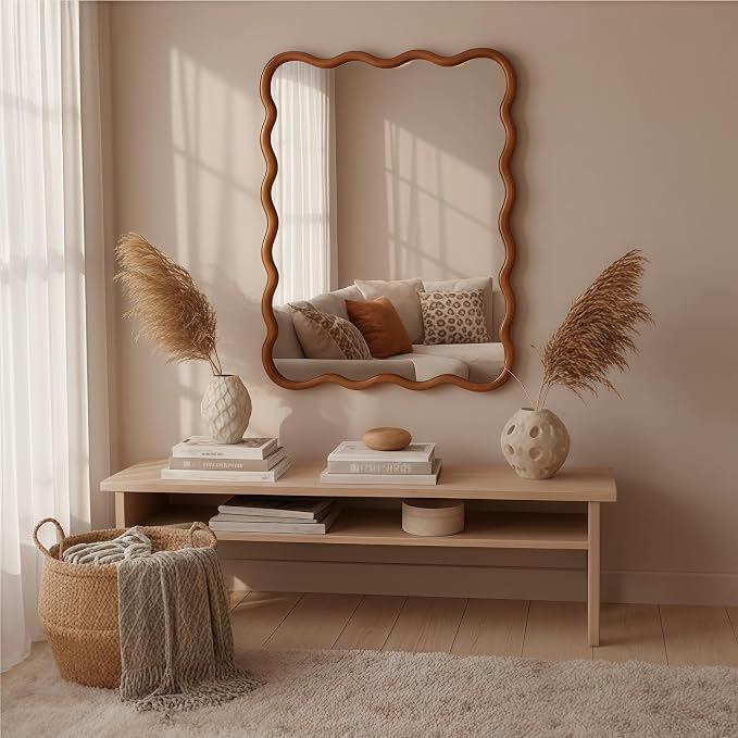 40x30 Inch Wooden Wavy Rectangle Wall Mirror, Modern Solid Wood Frame Decorative Accent Mirror for Bedroom, Bathroom, Living Room, Entryway, Yellowish Brown