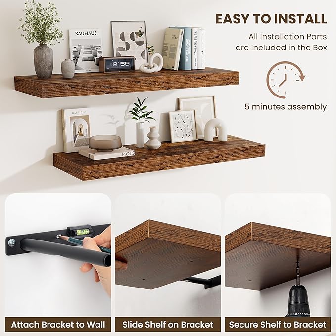 Fun Memories 24 Inch Floating Shelves Wall-Mounted, 12 Inch Deep Wall Shelves, 24 x 12 Floating Shelf, Deep Storage Shelf for Living Room Bathroom Bedroom, Rustic Brown, Set of 2