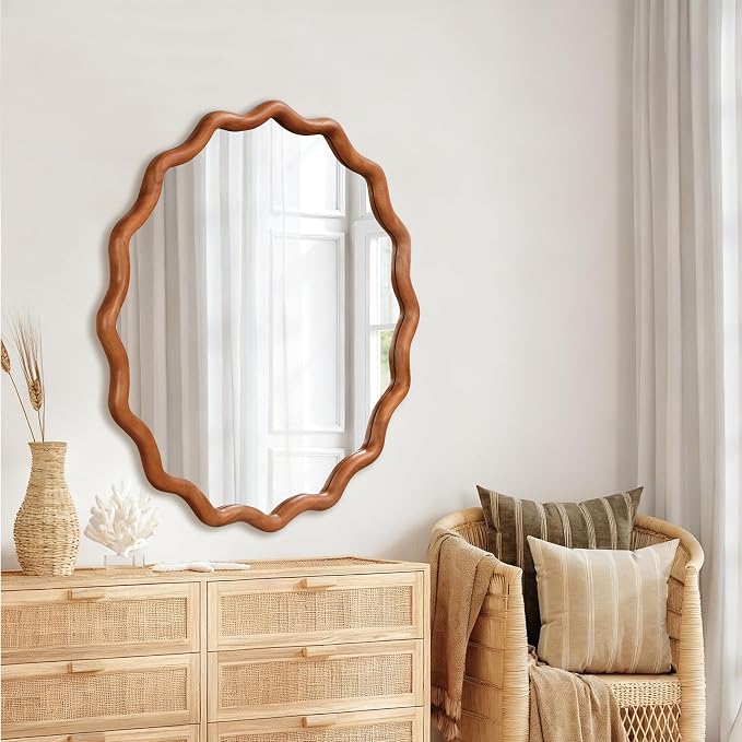 36 Inch Wooden Wavy Round Wall Mirror, Modern Solid Wood Frame Circle Decorative Accent Mirror for Bedroom, Bathroom, Living Room, Entryway, Yellowish Brown