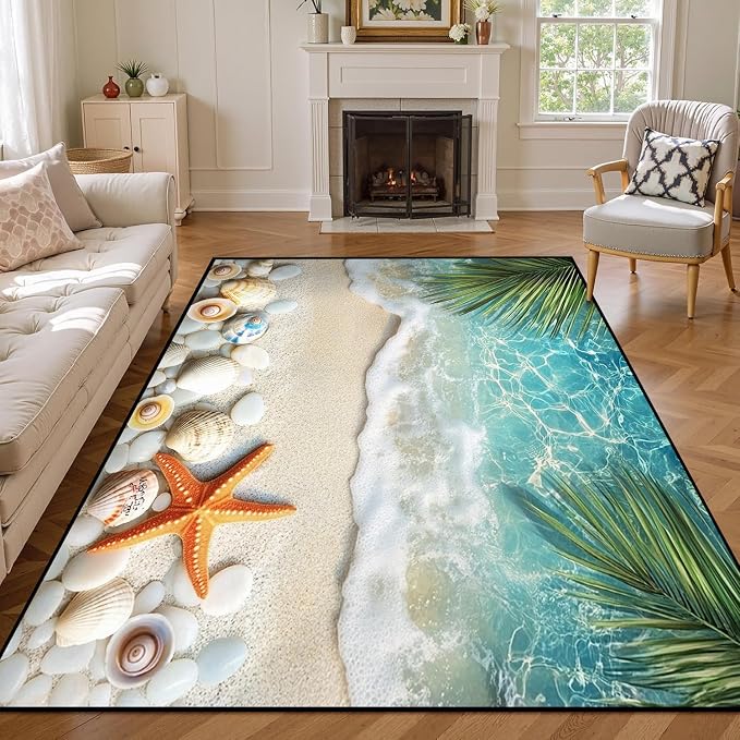 6'x9' Beach Rug Starfish Seashell Area Rugs for Bedroom Living Room Kitchen Nursery Playroom Home Decor Ocean Sea Wave Carpt 3D Non Slip Washable Throw Rug Coastal Seaside Floor Mat