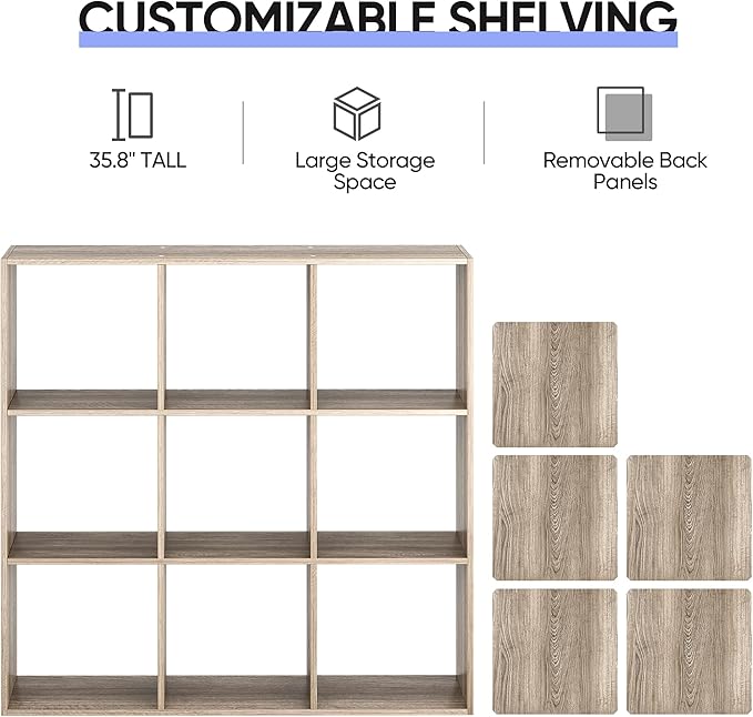 SUPER DEAL 9 Cube Open Shelf Bookcase, 3 x 3 Storage Organizer Shelf with 5 Removable Back Panels Wood Bookshelf System Display Rack for Home, Office, Bedroom, Living Room, Oak