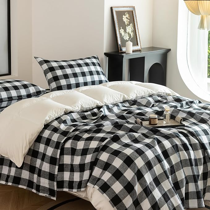EVERLY Linen Sheets Set Twin Size,100% French Stonewash Pure Linen Sheets Set,4Pieces (1Flat Sheet,1Fitted Sheet,2Pillowcase) Suitable for Hot Sleepers,Deep Pocket Natural Bedding Set-Black Plaid