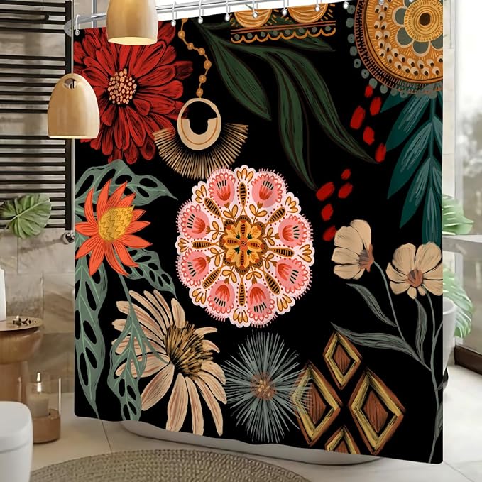 Black Boho Floral Shower Curtain Abstract Botanical Mid Century Modern Bathroom Decor Tropical Flower Shower Curtain with 12 Hooks,72x72 inches