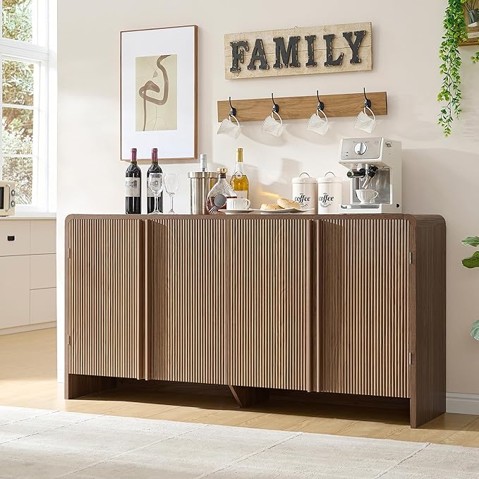 AMERLIFE 63" Fluted Sideboard Buffet Cabinet with Storage, Modern Credenza Console with 4 Doors & Adjustable Shelves, Wood Coffee Bar for Kitchen, Living Room, Hallway, Brown