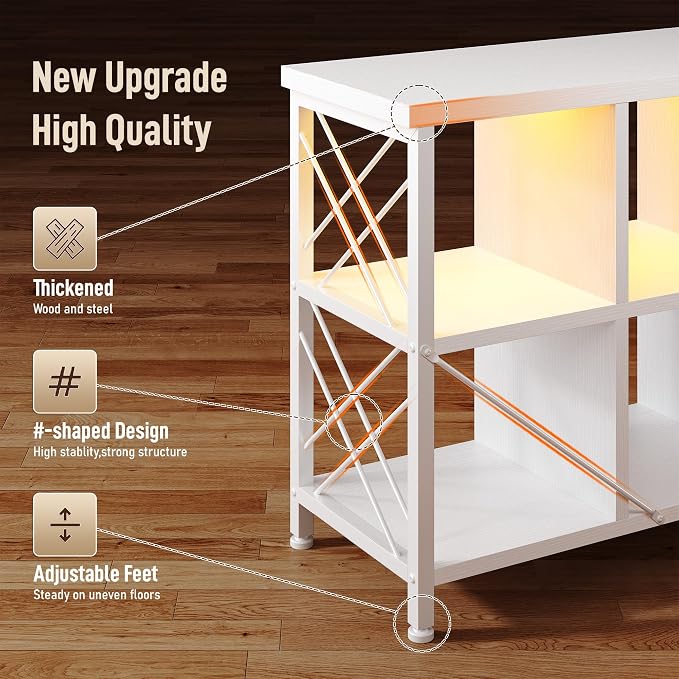 DurayLoly 8 Cube Storage Organizer with LED Light and Charging Station, Wood and Metal Cube Shelf as White Horizontal Book Shelf for Bedroom Home Office