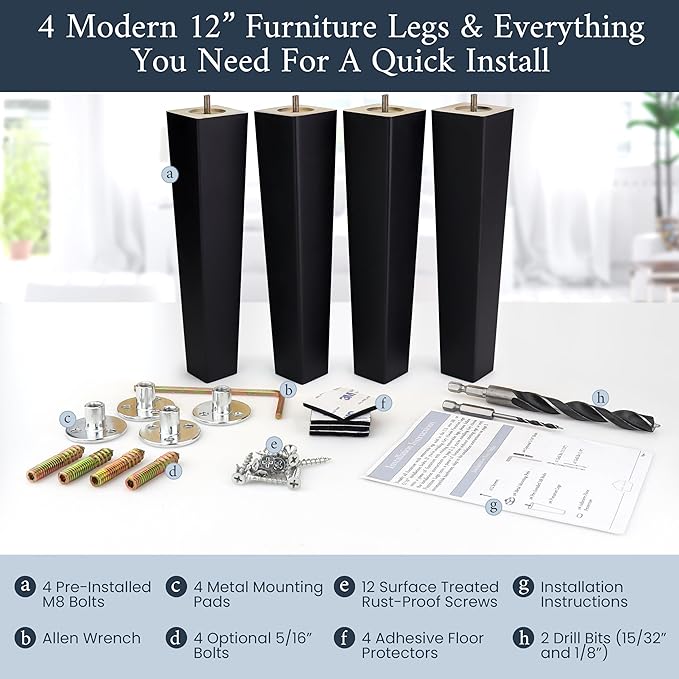 Airy Abode Premium Black Square Furniture Legs (Full Install Kit) - Pick Your Size and Color