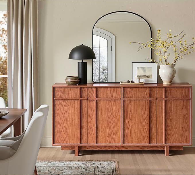 Sideboard Buffet Cabinet with Storage, Mid Century Modern Accent Cabinet with Skeleton Line & Wood Grain Texture, 63" Minimalist Credenza for Living Room Kitchen Dining Room Entryway, Cherry