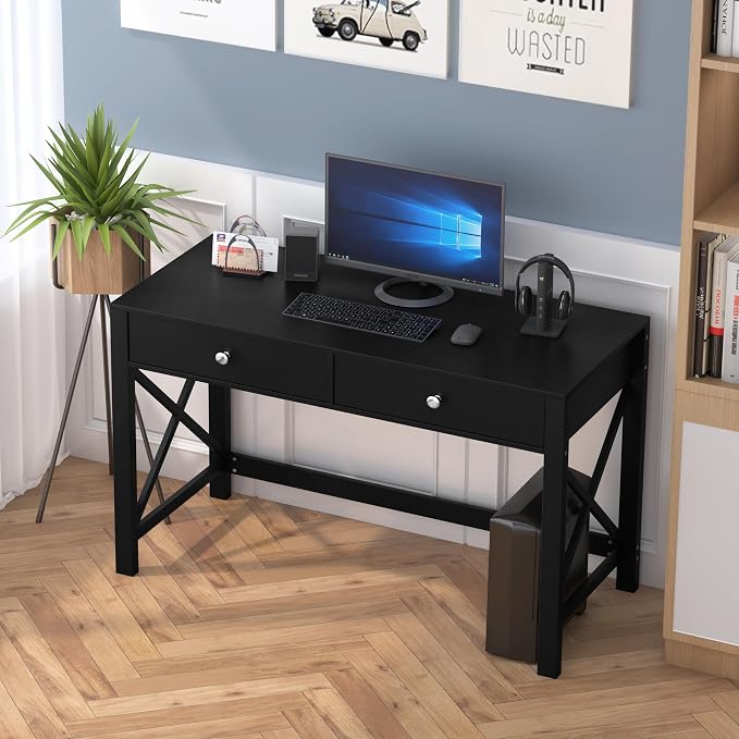 WiberWi Home Office Desk with Drawers, Modern Writing Computer Desk for Bedroom, Small Makeup Vanity Table Study Table for Home Office,Black