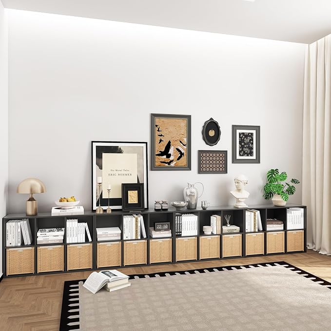 Wooden Cube Storage Organizer with Closed Back Panel,White Shelf Heavy Duty Cubby Storage Organizer with Compartments for Living,Display Shelf,Bookshelf (Black, 6-Cube)
