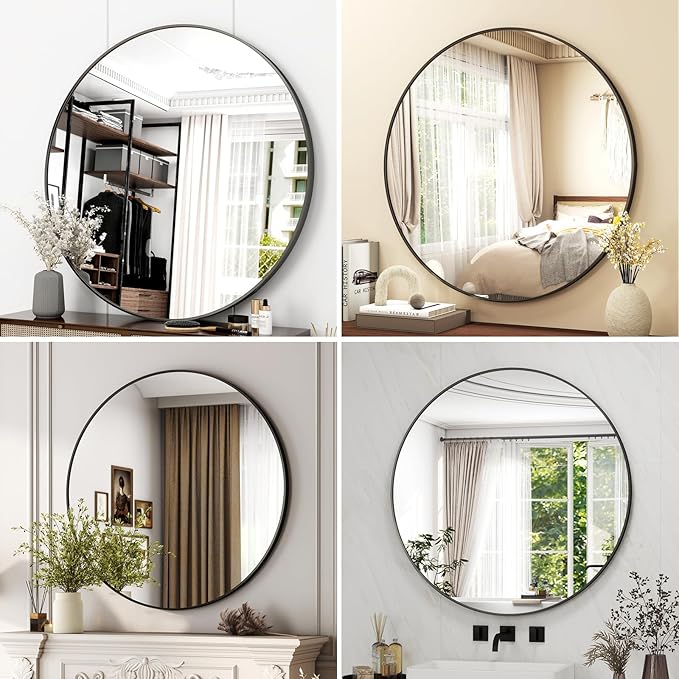 48 Inch Round Bathroom Mirror - Black Wall Mounted Circle Mirror with Metal Frame, Modern Round Hanging Mirror Suitable for Bathroom, Vanity, Entryway, Living Room