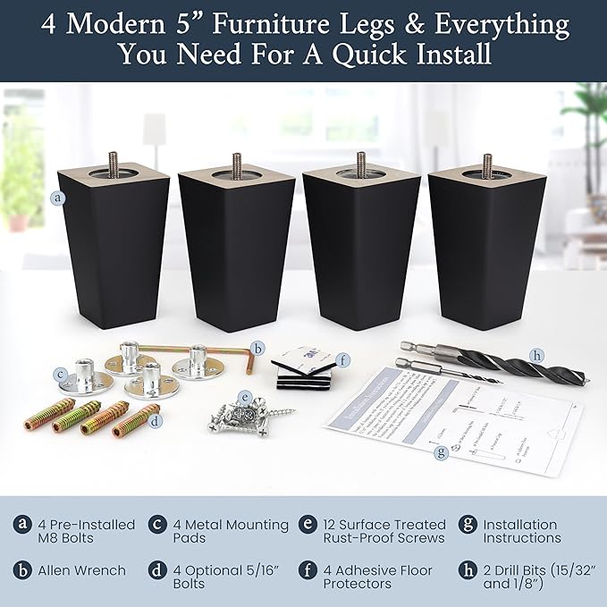 Airy Abode Premium Black Square Furniture Legs (Full Install Kit) - Pick Your Size and Color