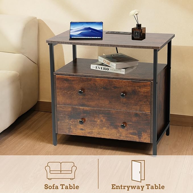 27 inch Wide Night Stand with Charging Station, Bedside Table with Open Shelf, 2 Drawers Small Wood Dresser, Modern Wood Nightstand for Bedroom/Living Room (Rustic Brown)