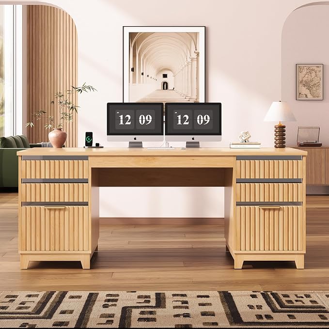 SEDETA 55.1" Fluted Office Desk with 6 Drawers, Modern Executive Desk with Acrylic File Drawers, Computer Desk with Power outlets for Home Office and Study, Natural