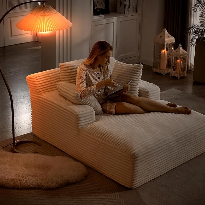 50" Chaise Lounge Indoor, Corduroy Lazy Sofa Bed Sleeper Chair with 3 Pillows & Spring Cushion, Oversized Boneless Chair for Living Room Apartment, Beige