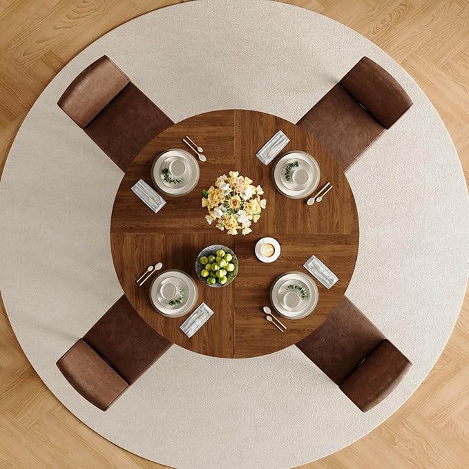 47" Round Dining Table Set for 4, Walnut Wood Grain Table and 4 Brown Suede Upholstered Chairs Set, Mid Century Modern Kitchen Table Set with Cross Legs