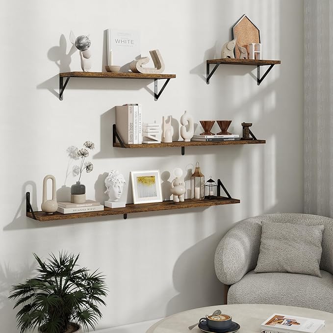 Floating Shelves, 8 Inch Deep Rustic Wood Wall Storage, 16W x 8D Wall Shelves Set of 2, Heavy Duty Metal Brackets, Industrial Book Shelf for Living Room, Kitchen, Bathroom, Bedroom, Brown