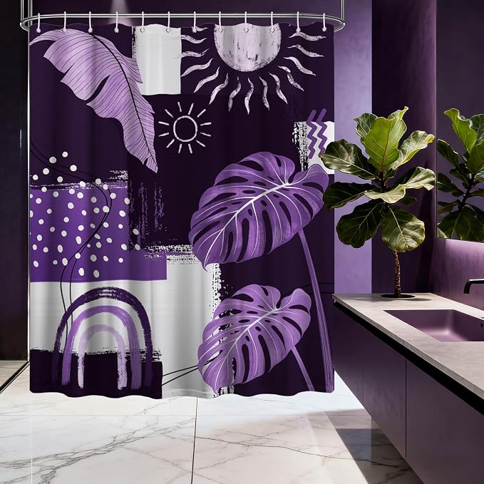 Extra Long Shower Curtain 96 Inchs Extra Tall Purple Mid Century Modern XL Abstract Lavender Shower Curtains for Large Bathroom Decor Sets, Waterproof Cloth Fabric with Hooks, 70 x 96 Inch