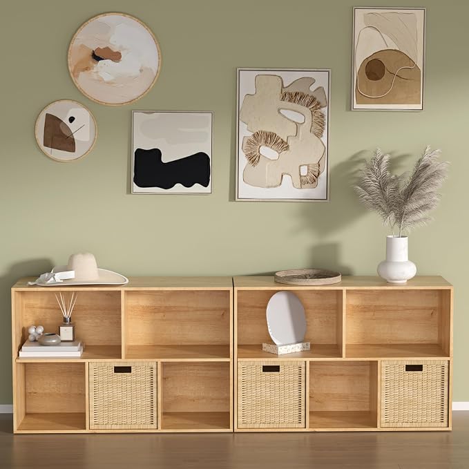Wooden 5 Cube Storage Organizer with Closed Back Panel,White Cube Shelf Cubby Storage Organizer with Compartments for Living,Bookshelf, Easy to Install (Oak, 5 Cube-11in)